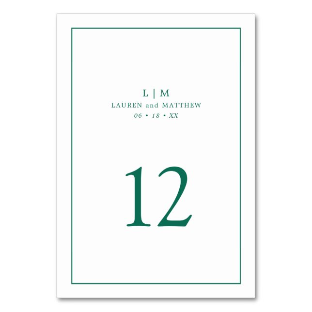 Simple Emerald Green Monogram Elegant Wedding Table Number (Front)