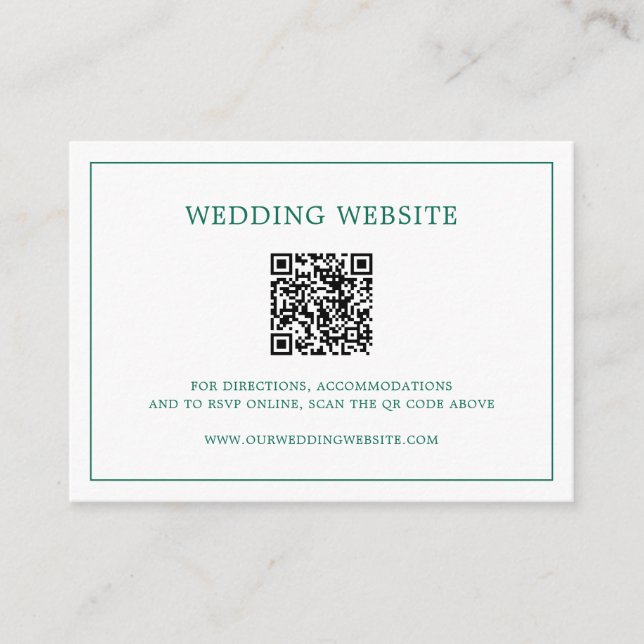 Simple Emerald Green Monogram QR Code Wedding Enclosure Card (Front)