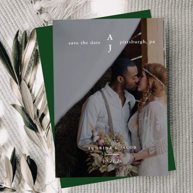 Simple Emerald Green Photo Monogram Wedding Save The Date (Creator Uploaded)