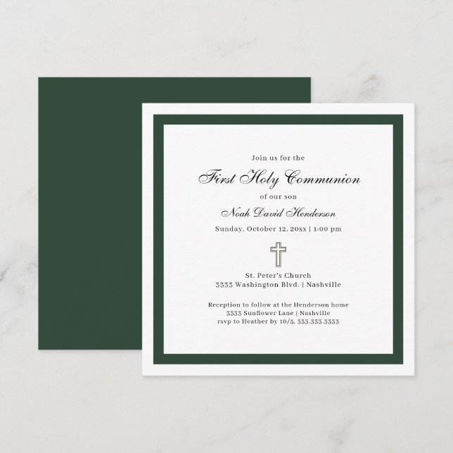 Simple Emerald Green White First Holy Communion  Invitation (Front/Back)