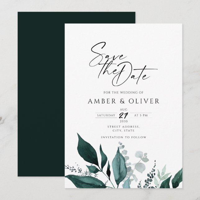 Simple Emerald Greenery Save The Date Invitation (Front/Back)