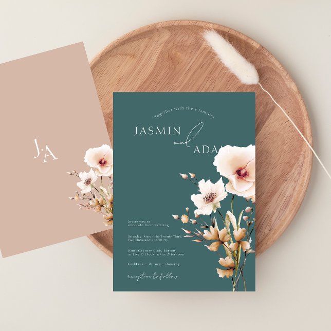 Simple Emerald Pink Wildflowers Floral Wedding Invitation (Simple Emerald Green Pink Wildflowers Wedding Invitation)