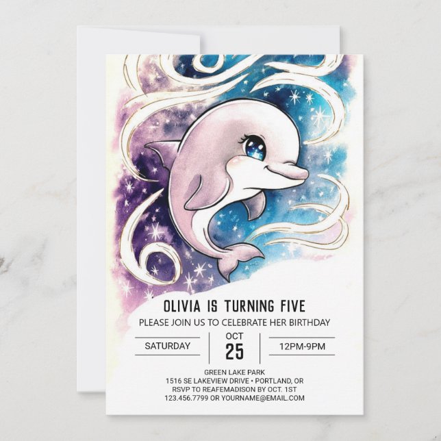 Simple Enchanted Ocean Dolphin Birthday Invitation (Front)