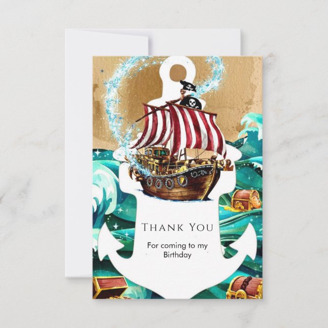Simple Enchanted Waves Pirate Birthday Thank You Card (Front)