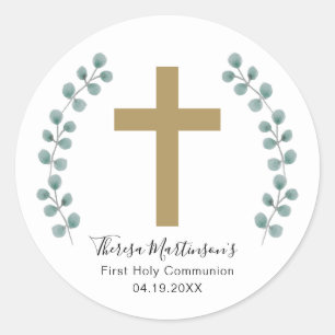 Simple Eucalyptus and Cross First Holy Communion Classic Round Sticker