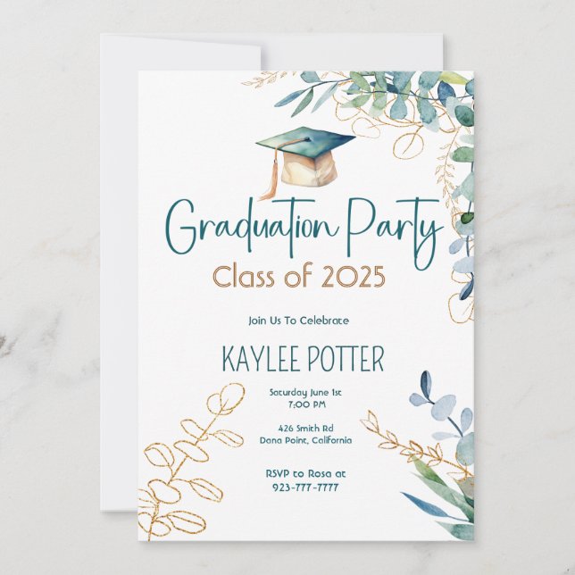 Simple Eucalyptus and Gold Graduation Party Invite (Front)