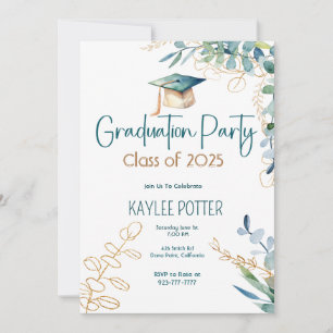 Simple Eucalyptus and Gold Graduation Party Invite