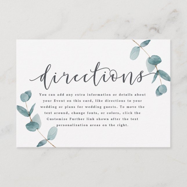 Simple Eucalyptus Calligraphy Wedding Directions Enclosure Card (Front)