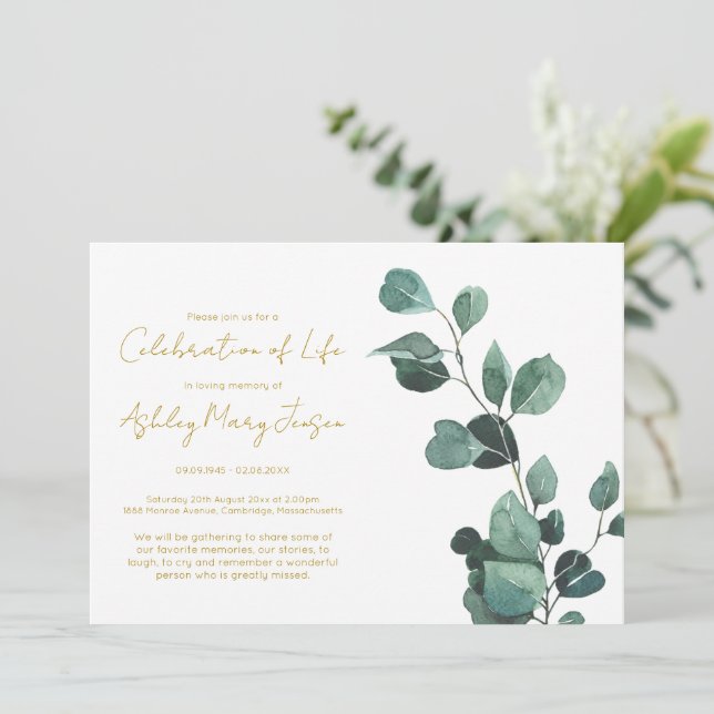 Simple Eucalyptus Celebration of Life Funeral Invitation (Standing Front)
