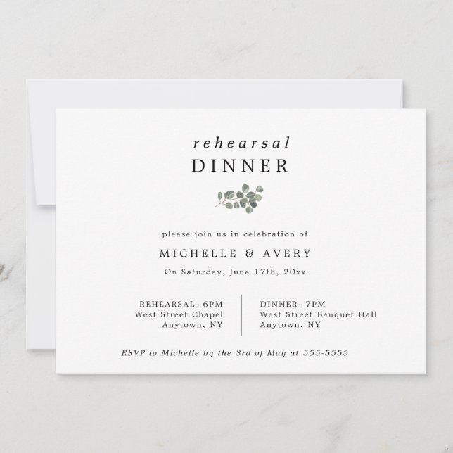 Simple Eucalyptus Chic Rehearsal Dinner Invitation (Front)
