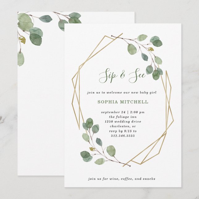 Simple Eucalyptus Greenery | Geometric Sip and See Invitation (Front/Back)