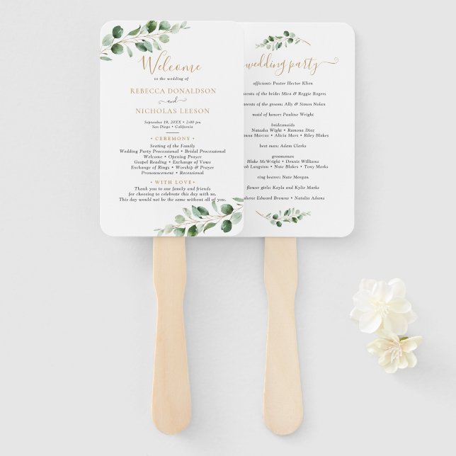 Simple Eucalyptus Greenery Gold Wedding Program Hand Fan (Front and Back)