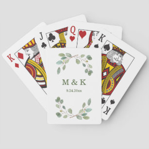 Simple Eucalyptus Greenery   Monogram and Date Playing Cards
