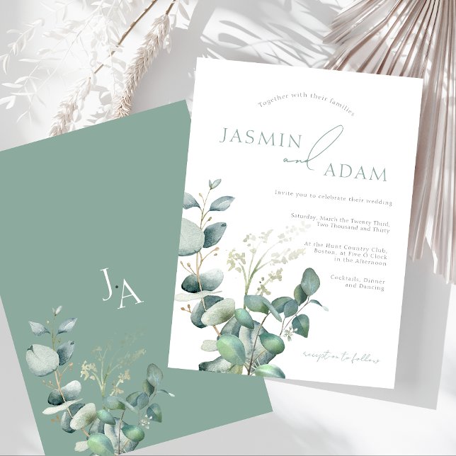 Simple Eucalyptus Greenery Monogram Wedding Invitation (Simple Eucalyptus Leaves Greenery Monogram Wedding Invitation)