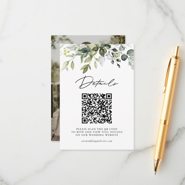 Simple Eucalyptus Greenery QR Code & Photo Wedding Enclosure Card (Front/Back In Situ)