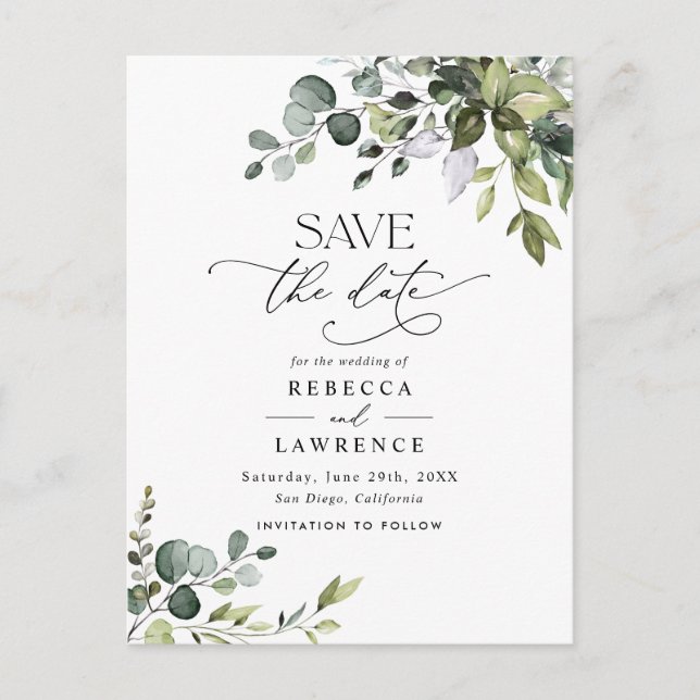 Simple Eucalyptus Greenery Wedding Save the Date Postcard (Front)