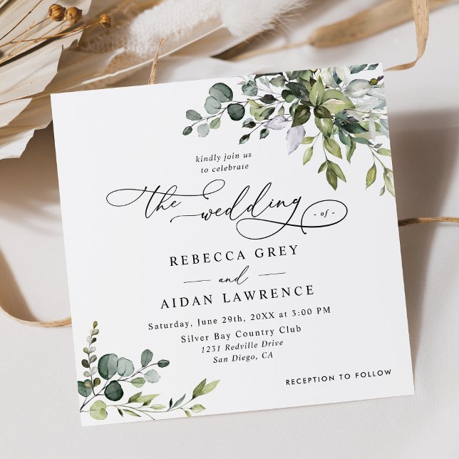 Simple Eucalyptus Greenery Wedding Square Invitation (Creator Uploaded)