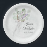 Simple Eucalyptus & Lavender Bouquet Wedding Paper Plate<br><div class="desc">These beautiful paper plates feature a rustic hand painted watercolor design with a rustic bouquet in shades of eucalyptus leaves and lavender flowers in shades of light purple and sage green. The elegant yet simple boho chic design includes the names of the couple in fancy script lettering as well as...</div>