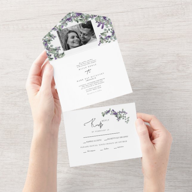 Simple Eucalyptus & Lavender Two Photo Wedding  Al All In One Invitation (Tearaway)