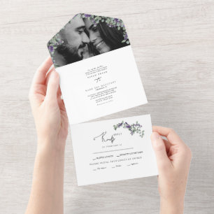 Simple Eucalyptus & Lavender Two Photo Wedding  All In One Invitation