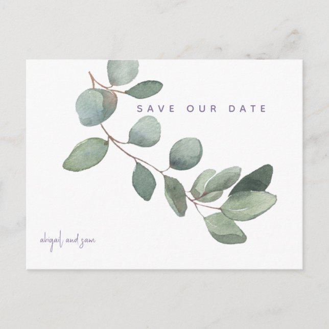  Simple Eucalyptus Lavender Wedding Save the Date Postcard (Front)