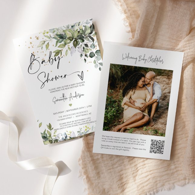 Simple Eucalyptus Leaves Baby Shower QR Code Photo Invitation (Creator Uploaded)