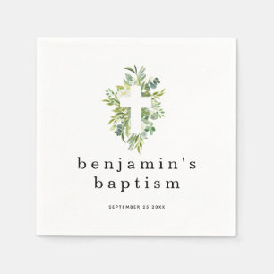 Simple Eucalyptus Leaves Cross Name Date Baptism Napkin