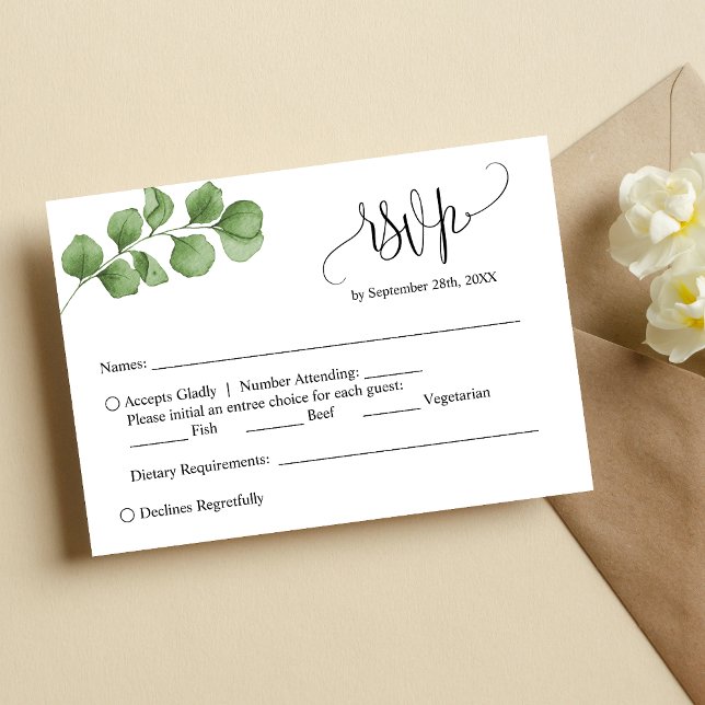 Simple Eucalyptus Leaves Custom Wedding RSVP Card (Simple eucalyptus leaves custom RSVP card keeps responses organized with a fresh natural feel)