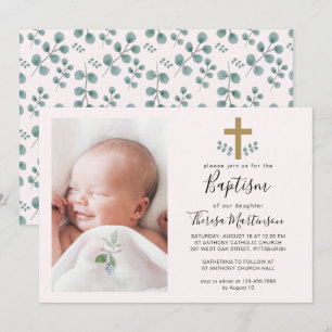 Simple Eucalyptus Leaves with Cross Baptism Photo Invitation