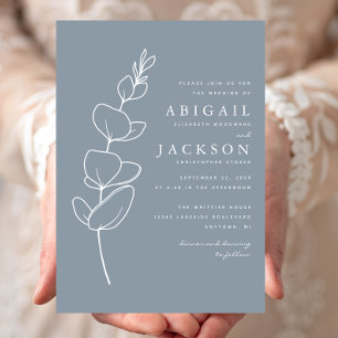 Simple Eucalyptus Line Drawing Dusty Blue Wedding Invitation