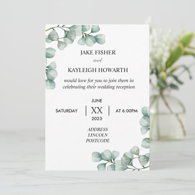 Simple Eucalyptus Mariage Réception Invitation (Debout devant)