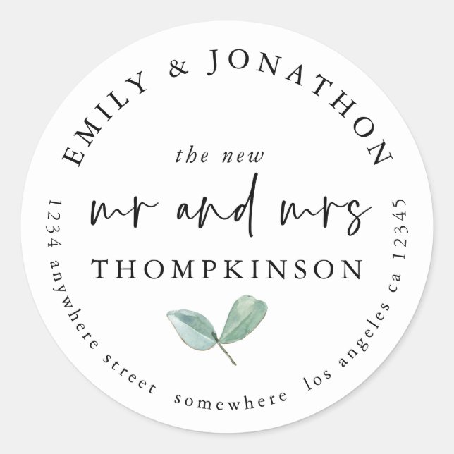 Simple Eucalyptus Newlyweds Return Name Address Classic Round Sticker (Front)