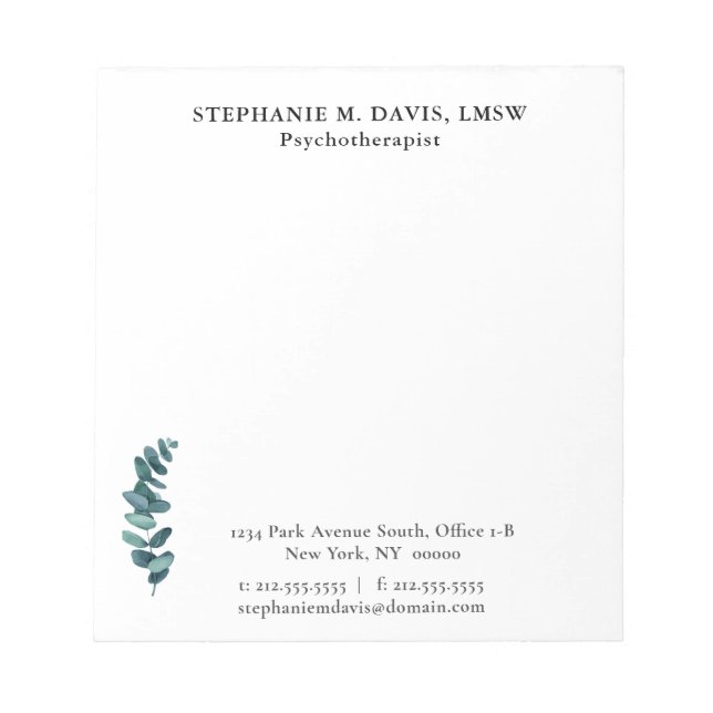 Simple Eucalyptus Personalized Therapist Notepad (Front)