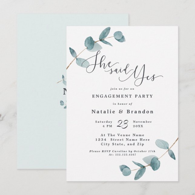 Simple Eucalyptus She Said Yes Engagement Party Invitation (Front/Back)
