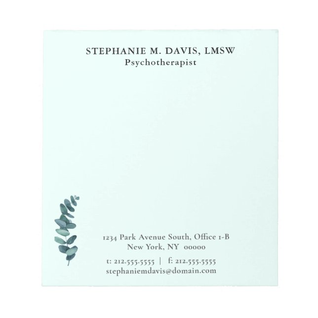 Simple Eucalyptus Therapist Business Green Notepad (Front)