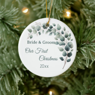 Simple Eucalyptus Wedding  First Christmas Ceramic Ornament
