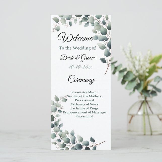 Simple Eucalyptus Wedding Program (Standing Front)