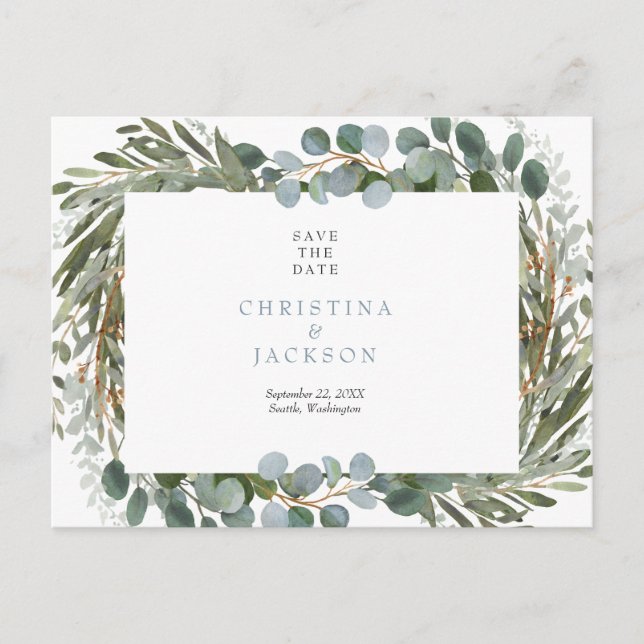 Simple Eucalyptus Wedding Save the Date Postcard (Front)