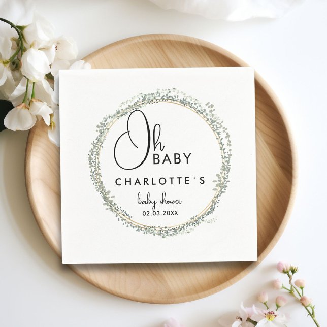 Simple, eucalyptus wreath Baby Shower Napkin (Simple, eucalyptus wreath Baby Shower Napkins with your name and date.)