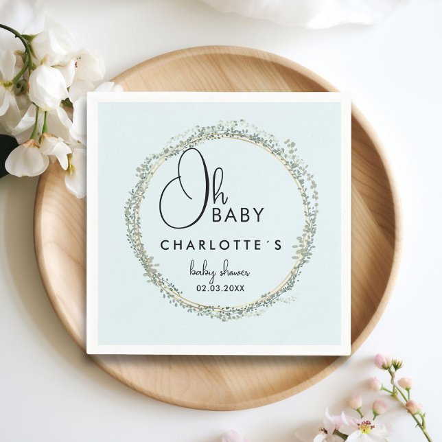 Simple, eucalyptus wreath Baby Shower Napkin (Simple, eucalyptus wreath Baby Shower Napkins with your name and date.)