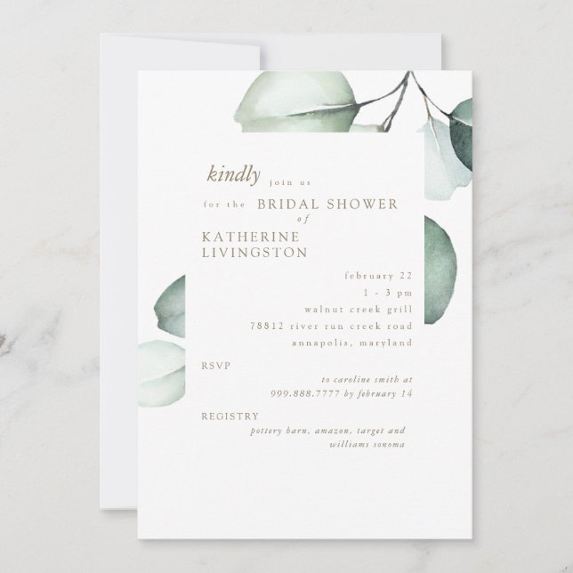 Simple Eucayptus Stem Bridal Shower Invitation (Front)