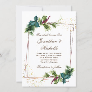 Simple Evergreen Gold Frame Christian Wedding Invitation