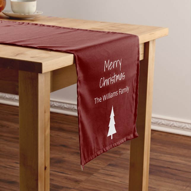 Simple Evergreen Merry Christmas Modern Red Short Table Runner (In Situ)