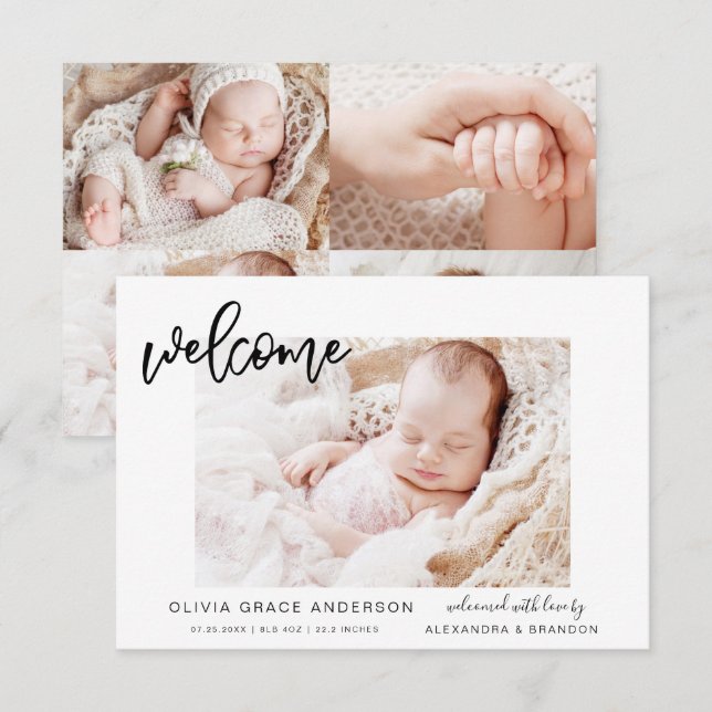 Simple Faire-part bébé Élégant Collage photo (Devant / Derrière)