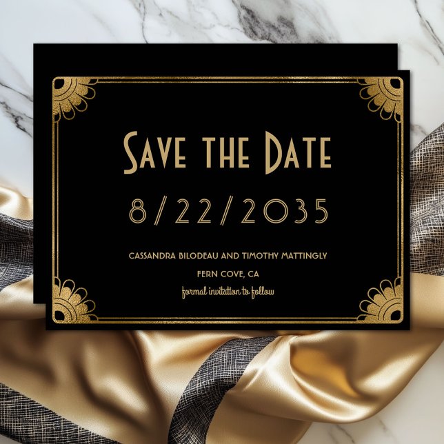 Simple Faire-Part de Mariage Art Déco Or Noir à Sa (Elegant black and gold wedding Save the Date flat card)