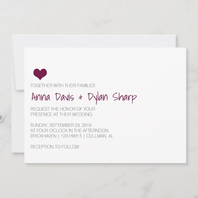 Simple Faire-part de mariage Coeur Bourgogne (Devant)