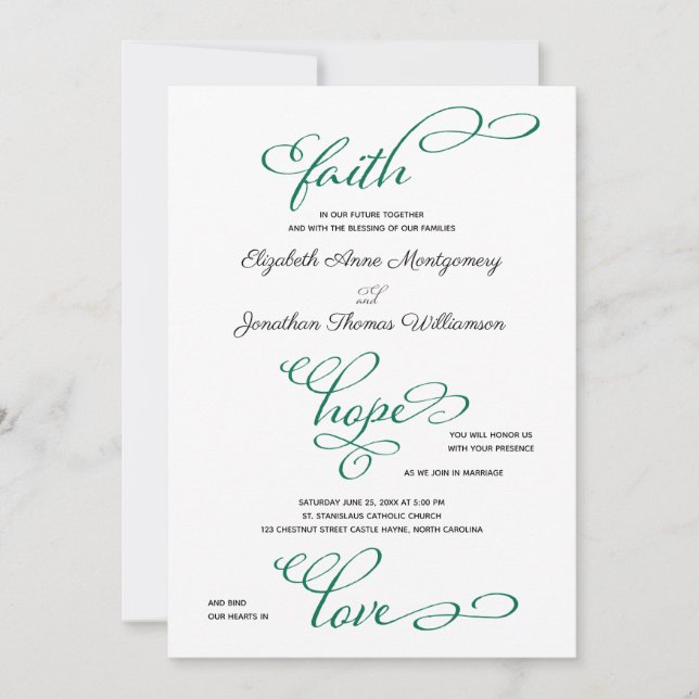 Simple Faith Hope Love Script Wedding Invitation (Front)