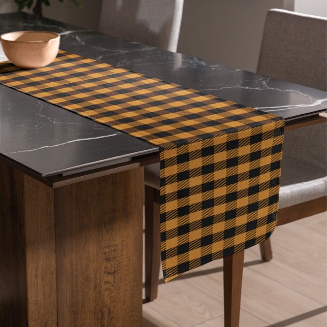 Simple Fall Autumn Orange Buffalo Check Short Table Runner (Orange and black table runner.)