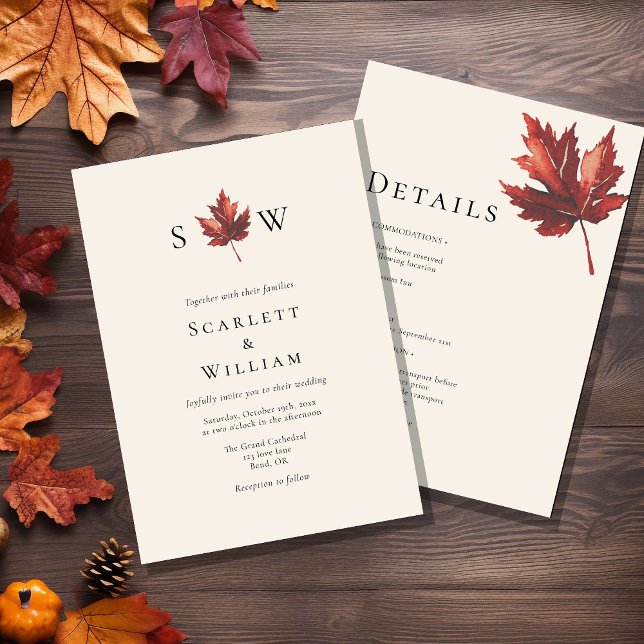Simple Fall Leaf Cream Monogram All In One Wedding Invitation (Creator Uploaded)