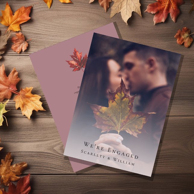Simple Fall Leaf Mauve Elegant Photo We're Engaged Invitation (Creator Uploaded)